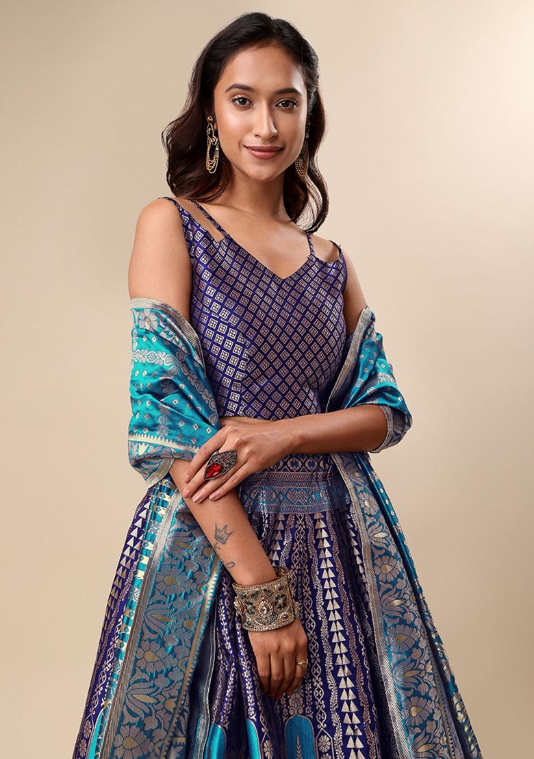 Allin I Villin Dark Blue Semi-Stitched Lehenga for Diwali - Art Silk with Zari Embroidery