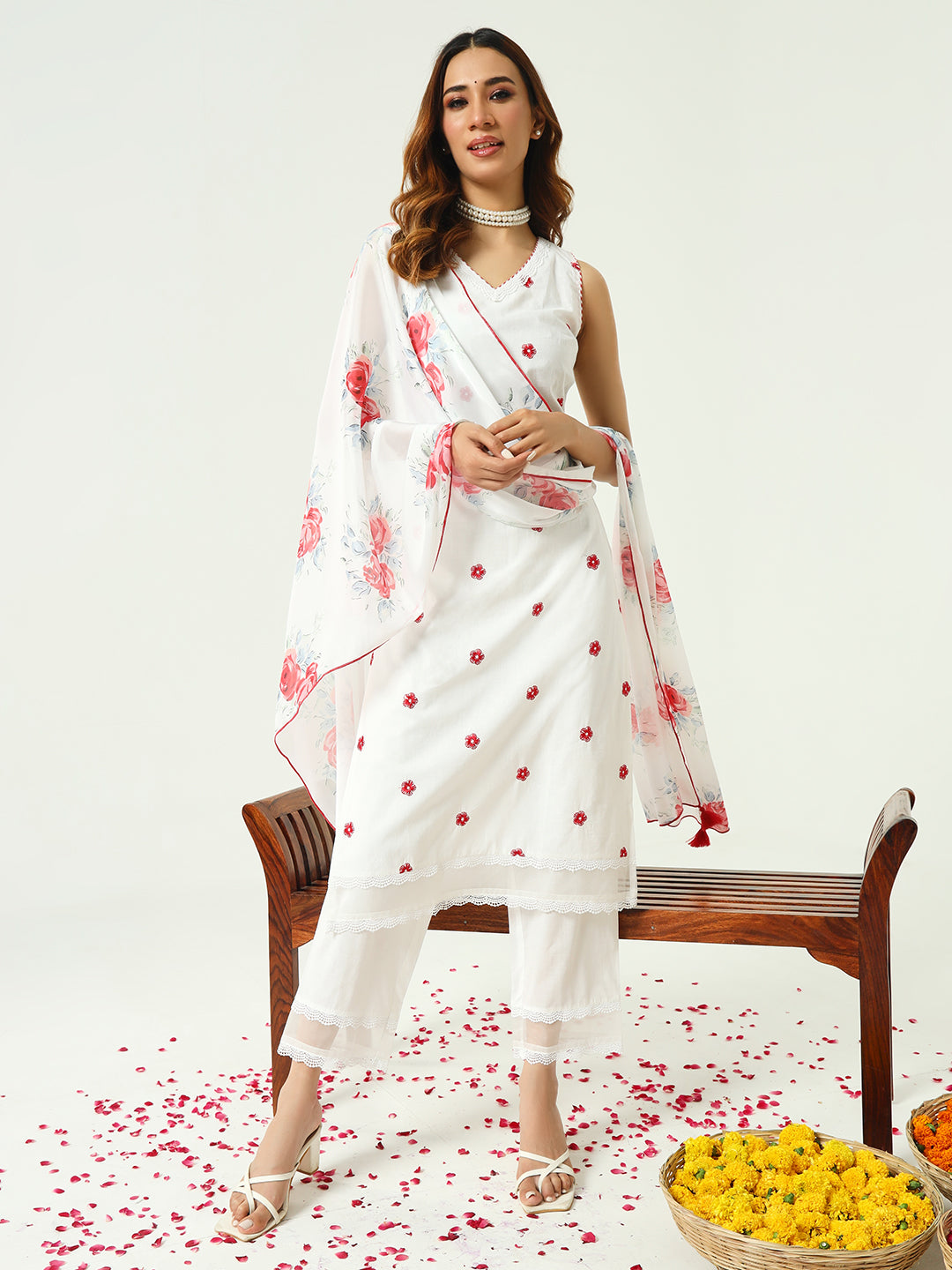 Allin I Villin White Kurta Set for Diwali Festive 2024 – Red Floral Print