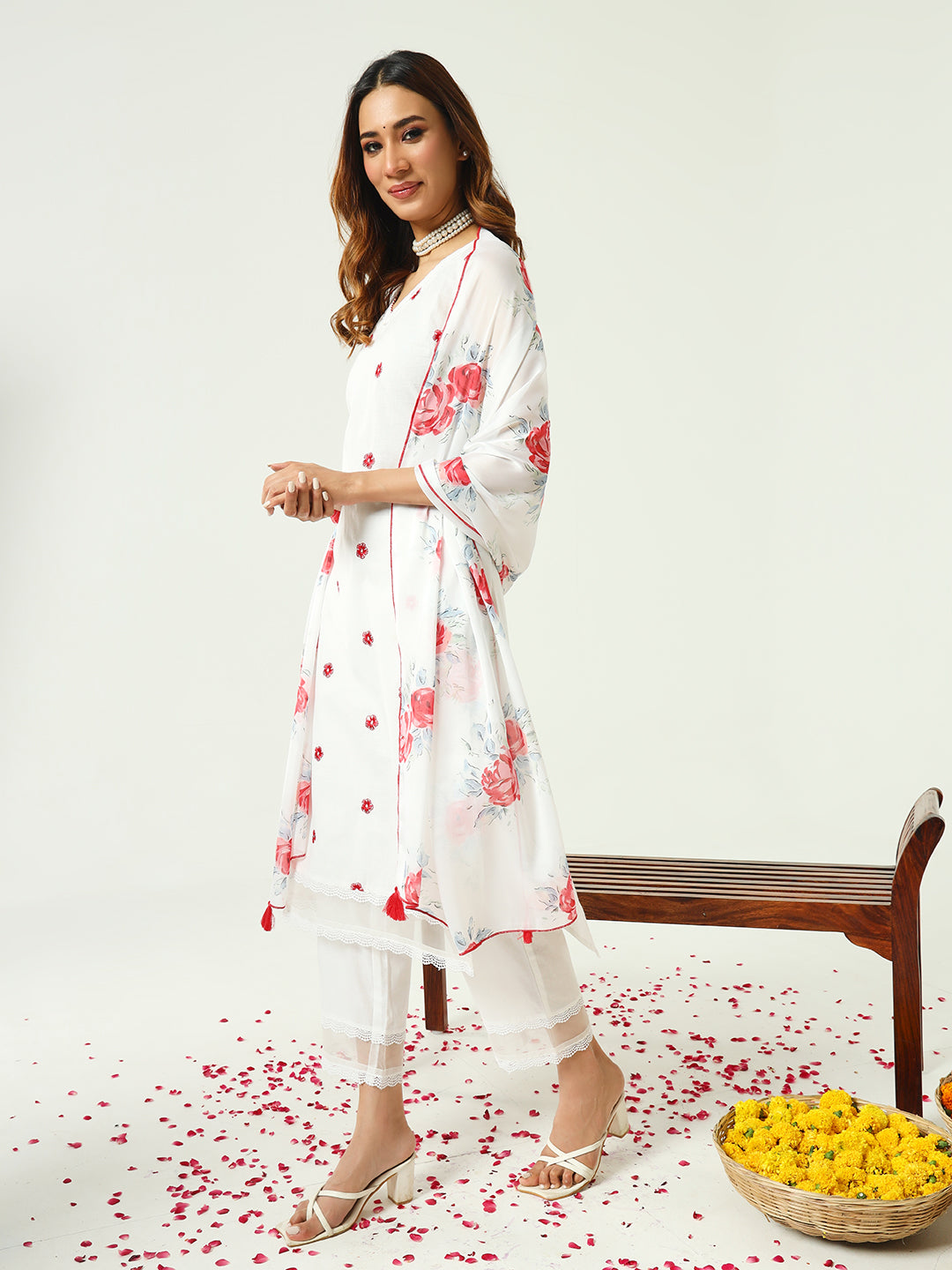 Allin I Villin White Kurta Set for Diwali Festive 2024 – Red Floral Print