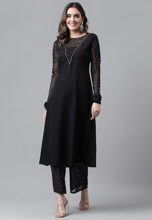 Allin I Villin Crepe Black A-Line Kurta Set - Stylish Daily Wear & Ready-to-Wear for Diwali 2024 Festive Season