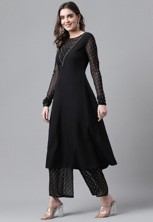 Allin I Villin Crepe Black A-Line Kurta Set - Stylish Daily Wear & Ready-to-Wear for Diwali 2024 Festive Season
