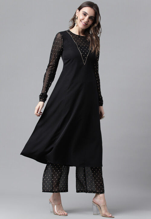 Allin I Villin Crepe Black A-Line Kurta Set - Stylish Daily Wear & Ready-to-Wear for Diwali 2024 Festive Season