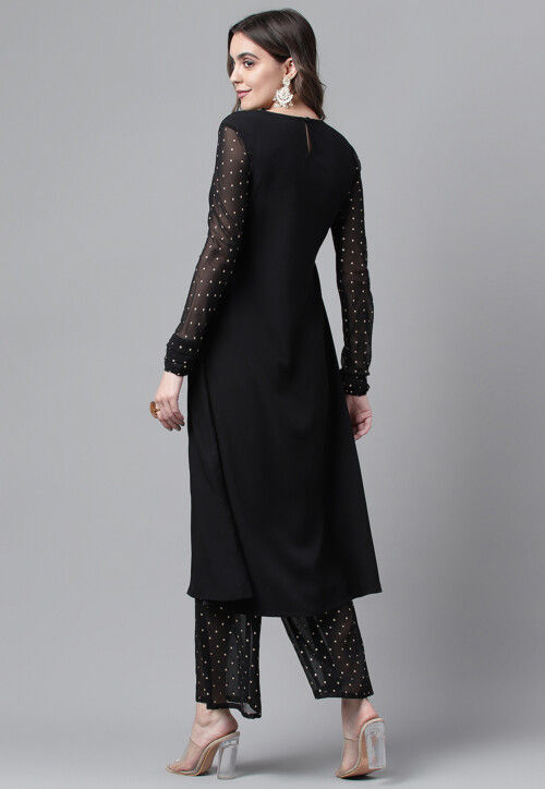 Allin I Villin Crepe Black A-Line Kurta Set - Stylish Daily Wear & Ready-to-Wear for Diwali 2024 Festive Season
