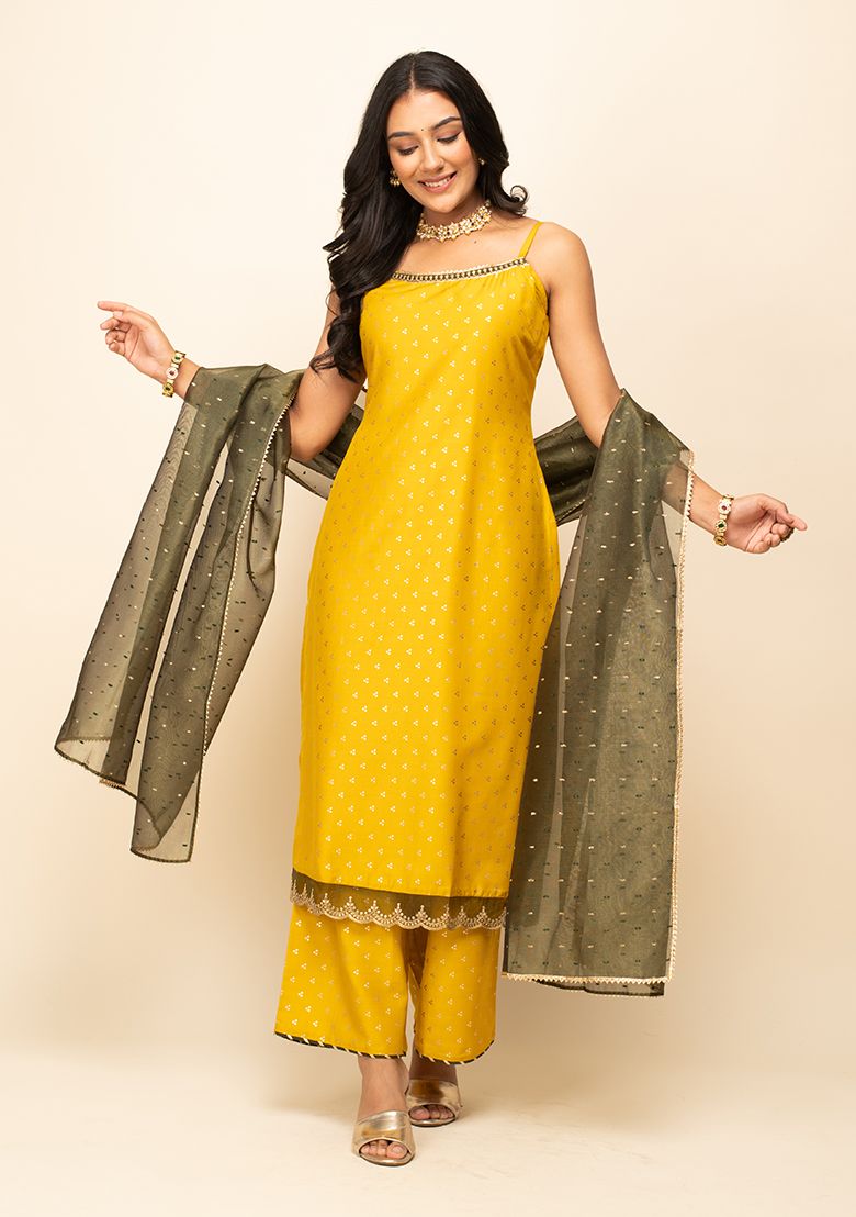 Allin I Villin Yellow Printed Kurta with Silk Blend Palazzo & Dupatta – Diwali Festive Collection 2024, 50% Off