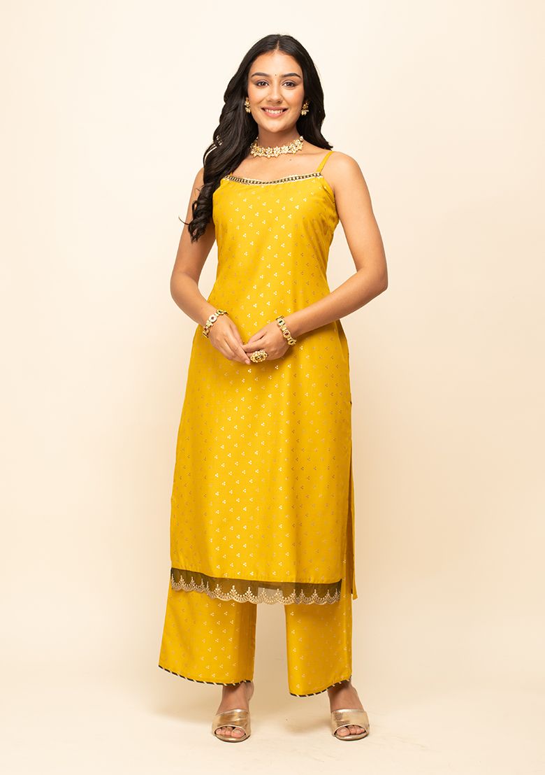 Allin I Villin Yellow Printed Kurta with Silk Blend Palazzo & Dupatta – Diwali Festive Collection 2024, 50% Off