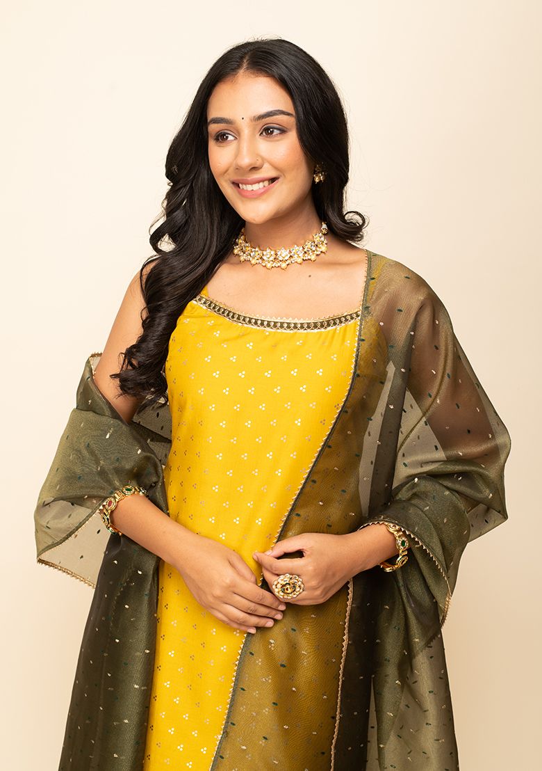 Allin I Villin Yellow Printed Kurta with Silk Blend Palazzo & Dupatta – Diwali Festive Collection 2024, 50% Off