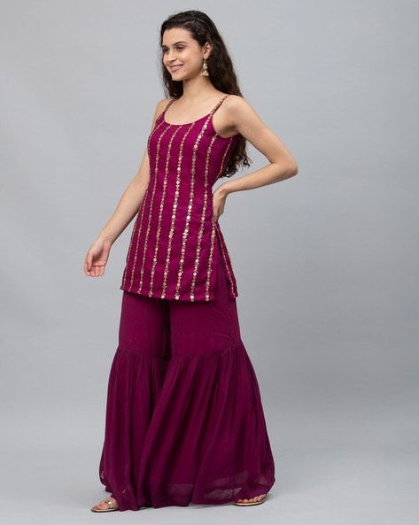 Allin I Villin Purple Sharara Sleeveless Georgette Kurta and Bottom Wear