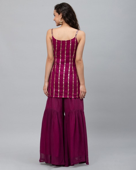 Allin I Villin Purple Sharara Sleeveless Georgette Kurta and Bottom Wear