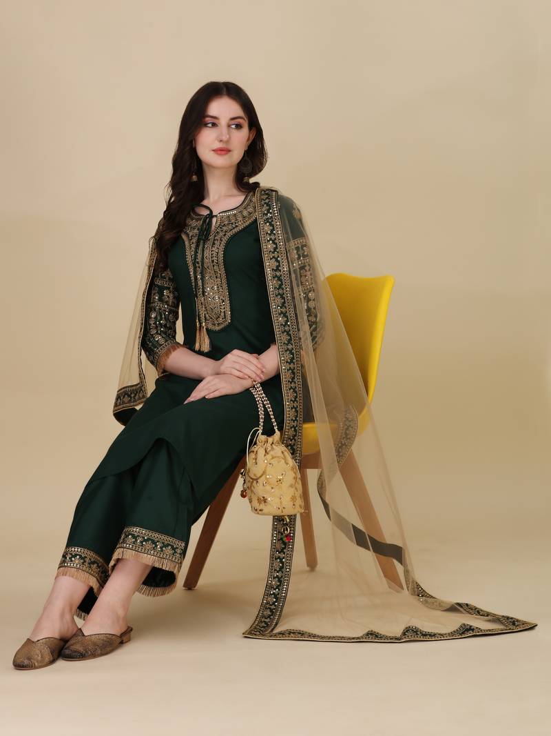 Allin I Villin Olive Green Embroidered Silk Blend Kurta Set with Palazzo - Elegant and Comfortable Ethnic Wear