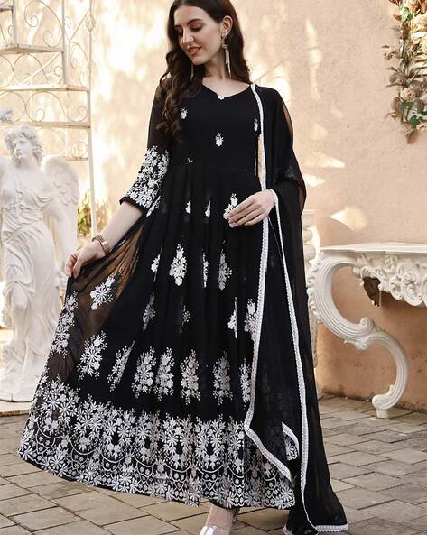 ALLIN I Villin Long Black Embroidery Anarkali with Dupatta – Georgette Fabric, Full Sleeves