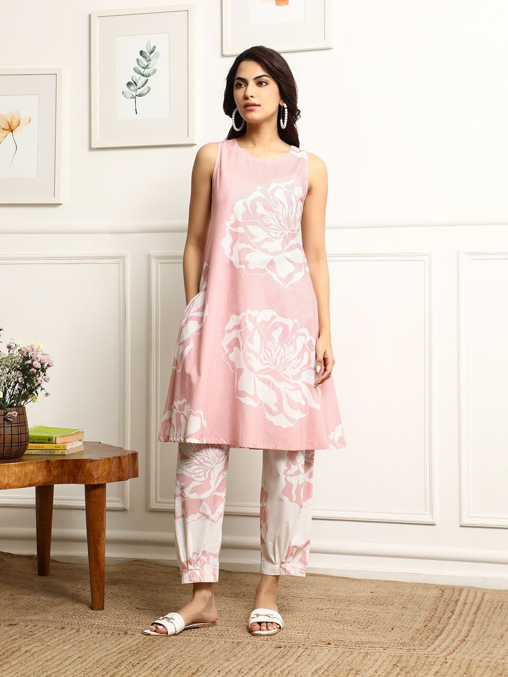 ALLIN I Villin Baby Pink Kurta and Pant Set – Floral Print, Ideal for Office Wear and Daily Wear