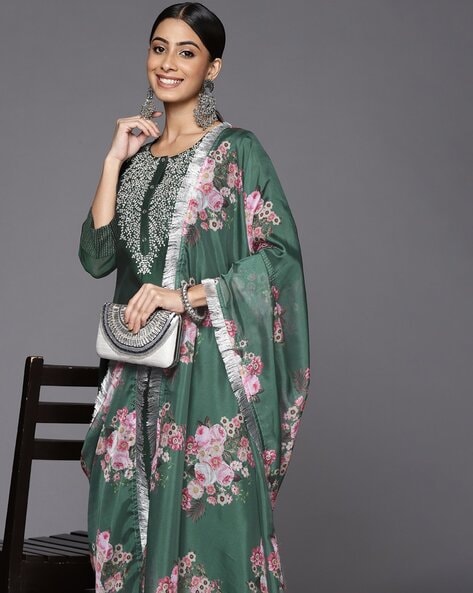 Allin I Villin Green Embroidered Chanderi Silk Suit for Winter Weddings & Festivities